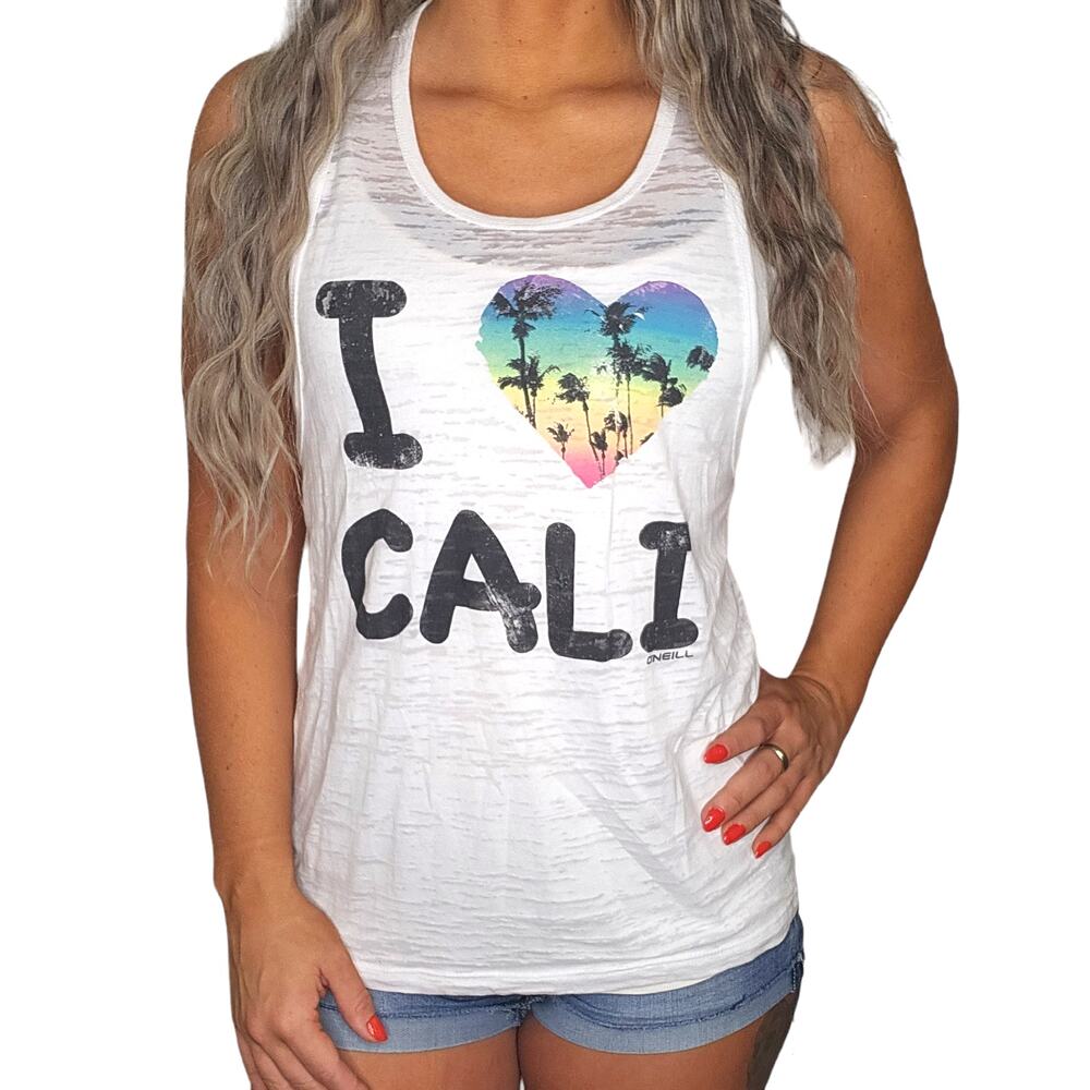 O'Neil Shirt Womens Small Tank White Burnout Heart Rainbow Love Cali Racerback